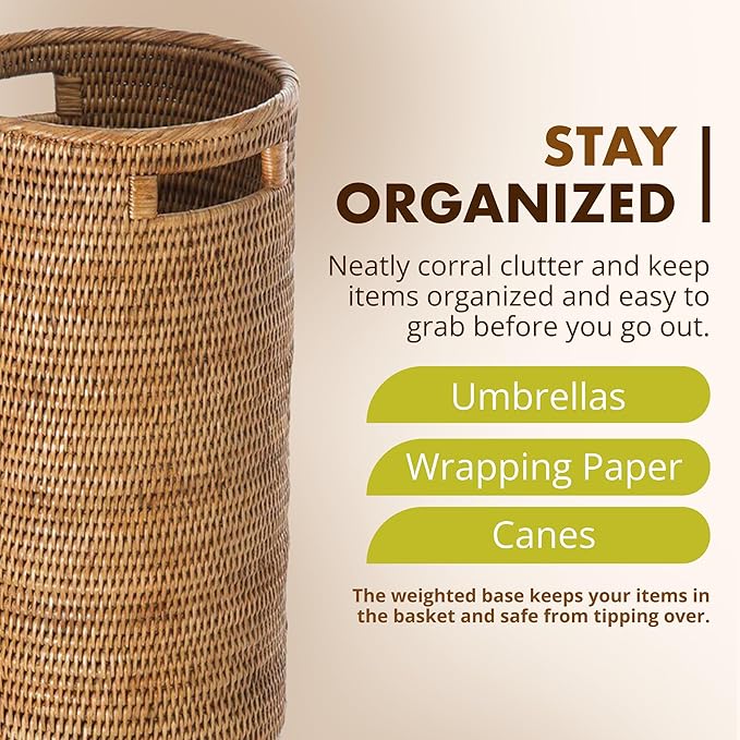 KOUBOO La Jolla Rattan Umbrella Stand, Handmade, Honey Brown, Umbrella Holder, Sturdy, Walking Sticks, Canes, Entryway, Mudroom, Office, Dip Tray, Home Decor