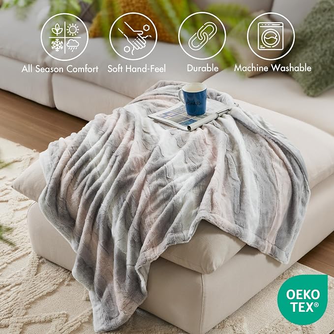 Madison Park Zuri Faux Fur Reversible Throw Blanket, 50 x 60 in, Blush/Grey | Soft Plush, Luxury, Animal Stripes, Mink Reverse, Modern, All Season, for Bed Sofa Couch, OEKO-TEX Certified