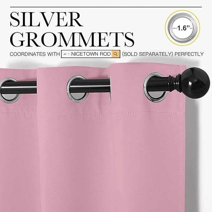 NICETOWN Blackout Curtain Panels for Bedroom, Rouge Pink, 2 Panels, W70 x L63-inch, Grey, Thermal Insulated Grommet Top Blackout Draperies and Drapes for Basement
