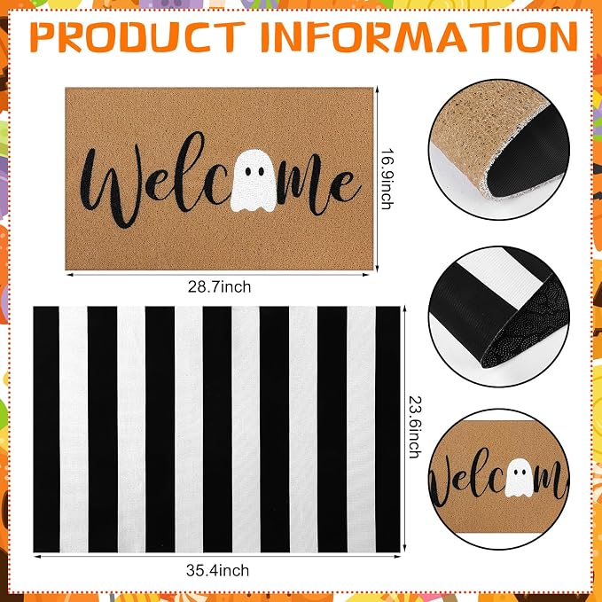 Tinideya 2 Pcs Halloween Welcome Mats for Front Door, Ghost Welcome Mat with Black White Buffalo Plaid Rug, Layered Doormat Set for Front Porch Entryway Outdoor Fall Decor