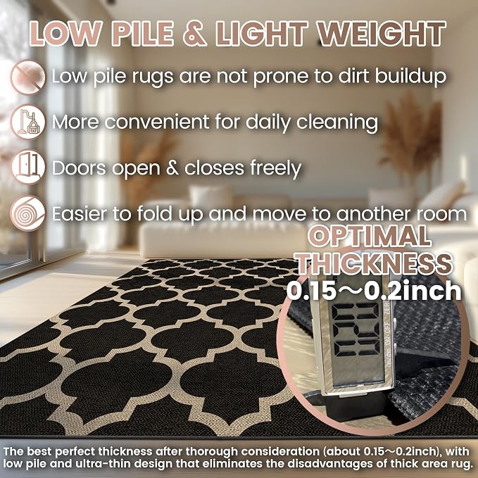 Washable 3x5 Moroccan Trellis Easy Jute Rug, Black Neutral Boho Outdoor Indoor Patio Small Area Rugs, Woven Ultra Thin Non Slip Carpet Door Mat for Entryway Front Door Porch Backyard Kids Playroom