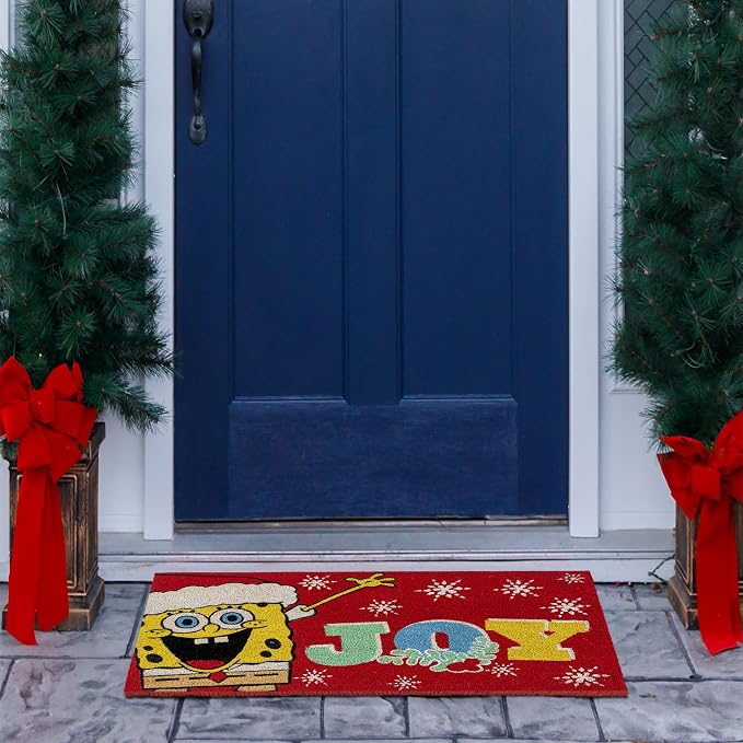 Gertmenian Spongebob Squarepants Coir Doormat - 2x3 Welcome Mat (2-Pack), Ideal for High Traffic Areas in Front Door, Garage, Entryway - Spongebob Santa/Ho Ho Ho, 80011