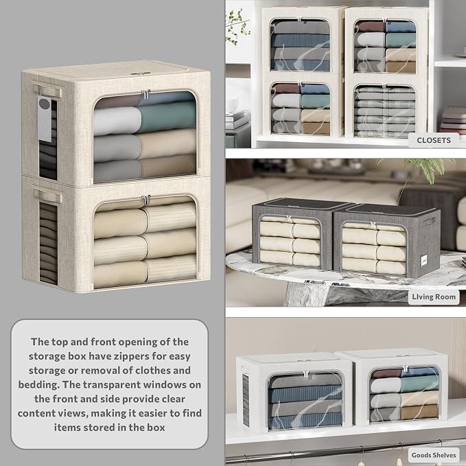 4 Pack Clothes Storage Bins with Metal Frame - 36L Stackable Storage Box with Lid，Foldable Storage Container Organizer for Clothes，Linen Fabric Storage Box with Clear Window＆Zippers＆Handles