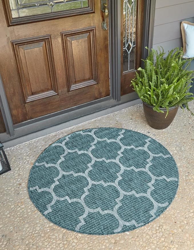 Unique Loom Outdoor Trellis Collection Area Rug (5' 1" Round, Teal/ Gray)
