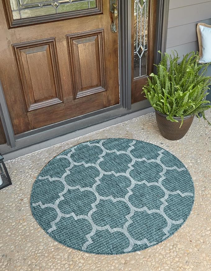 Unique Loom Outdoor Trellis Collection Area Rug (8' Round, Teal/ Gray)