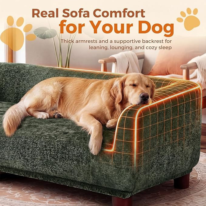 Dog Couch Sofa for Large & Extra Large Dogs, Elevated Pet Bed with Legs, Button Tufted Chenille Dog Couch with Backrest and Armrests, Modern Indoor Dog Furniture (Green, XL - 47" x 24" x 15")