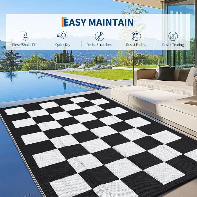GarveeHome Outdoor Rug 5 x 8 Waterproof Modern Checkboard Plastic Straw Rug, UV-Resistant Outside Woven Camping Rug, Foldable Geometric Plaid Reversible Mat for Backyard, Picnic, Black White