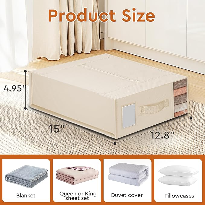 StorageTastic 6 Pack Bed Sheet Closet Organizers and Storage,Sturdy Foldable Storage Containers with Window and Label,Storage and Organization for Bedding Sheets,Duvet Covers,Blankets (Beige)
