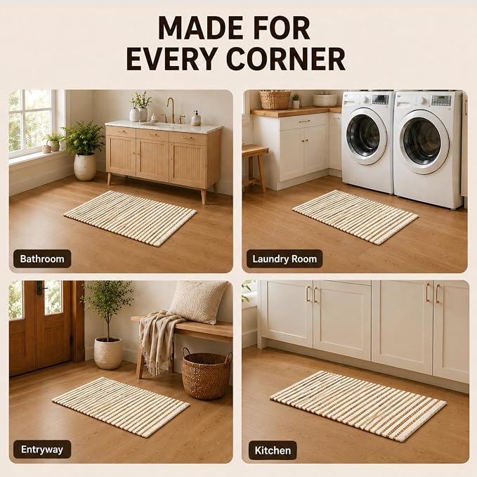 THE BEER VALLEY Jute Cotton Stripe Kitchen Rug 2x3 Feet - Natural White | Small Neutral Area Door mat for Entryway, Easy Clean Outdoor Indoor Boho Entry Rugs