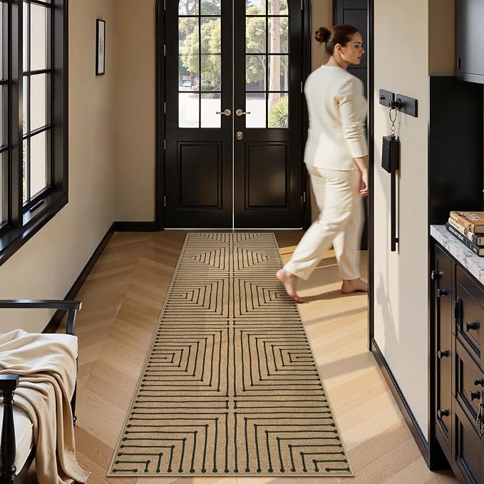 Lahome Geometric 2x8 Runner Rug, Neutral Non Slip Kitchen Entryway Runner | Farmhouse Rhombus Low Pile Non Shedding Nature Indoor Outdoor Carpet Runner for Laundry Room