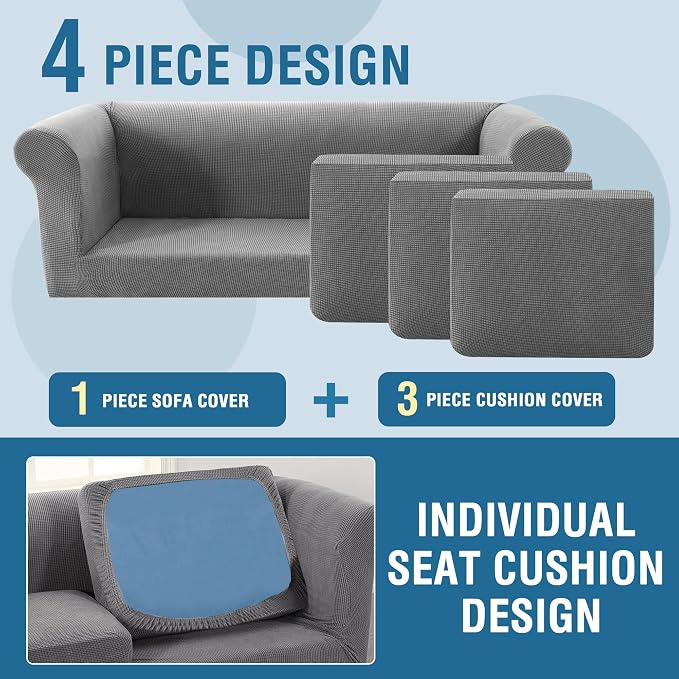 H.VERSAILTEX 4 Piece Stretch Chesterfield Couch Covers for 3 Cushion Couch Sofa Mid Century Deep Seat Sofa Covers (Base Cover Plus 3 Seat Cushion Covers) Thicker Jacquard Fabric (Large Sofa, Dove)