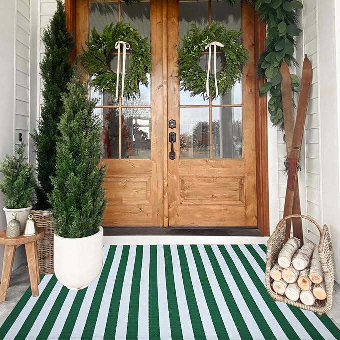 Green & White Striped Rug, 3' x 5' Indoor/Outdoor Area Rug for Front Porch, Entryway, Machine Washable Cotton Woven Welcome Door Mat