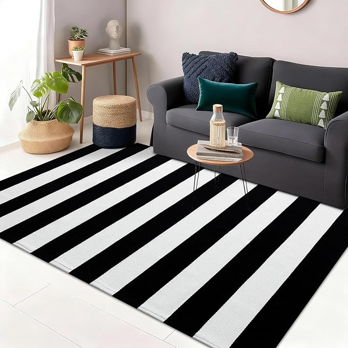 OLANLY Black and White Striped Rug 3' x 5' – Washable Cotton Indoor Outdoor Doormat for Front Door, Entryway, Kitchen, Porch, Patio Decor