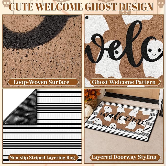 2Pcs Halloween Welcome Ghost Doormats, 16 x 24 in Brown Ghost Door Mat And 24 x 32 in Black White Striped Layering Rug, Fall Porch Decor For Indoor Outdoor Entryway Patio Kitchen Bathroom Floor
