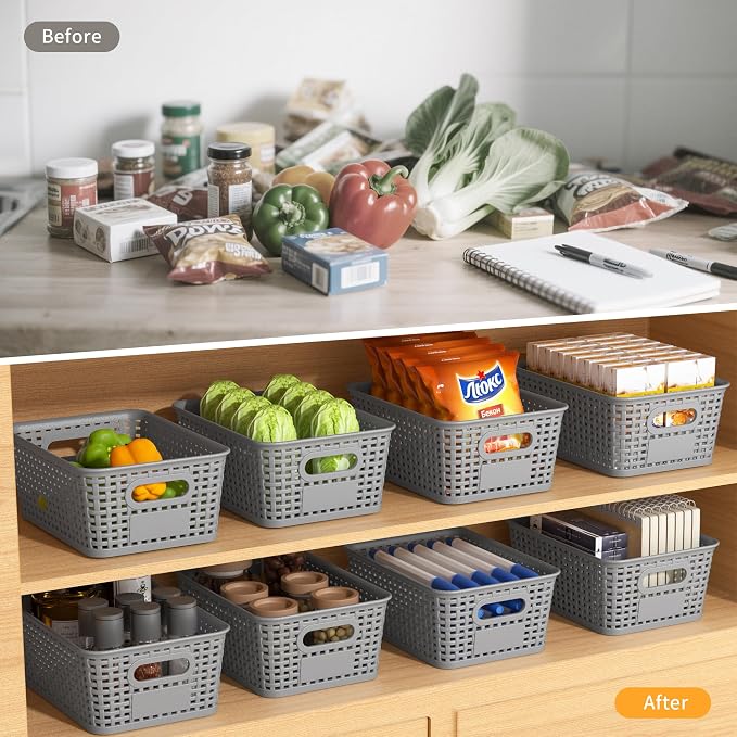 8 Pack Plastic Storage Baskets,Gray Stackable Storage Bins | 5.3qt Storage Containers with Labels for Organizing Shelves Drawers Desktop Closet Playroom Classroom Office