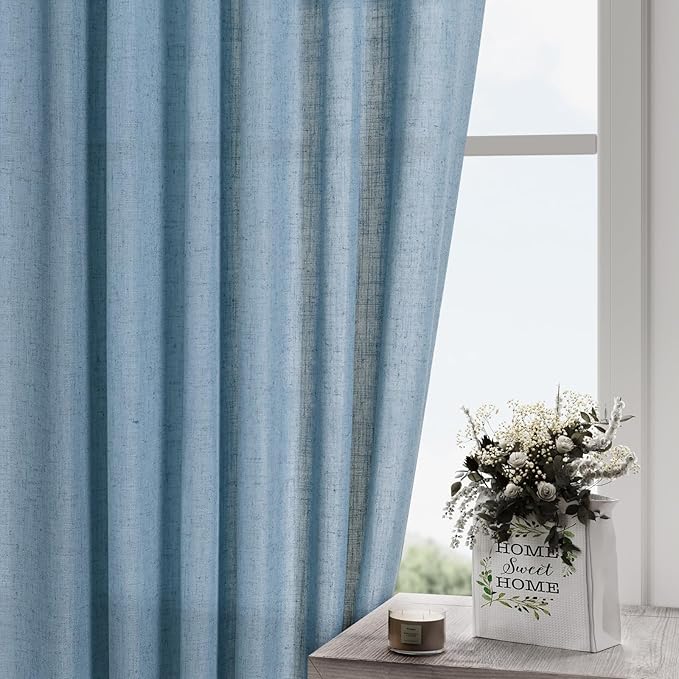 Nanspring Dusty Blue Linen Curtains 95 Inch Length for Living Room 2 Panel Set Burlap Textured Semi Sheer Linen Drapes Rustic Country Window Treatment Farmhouse Drop Cloth Curtain for Dinning Room