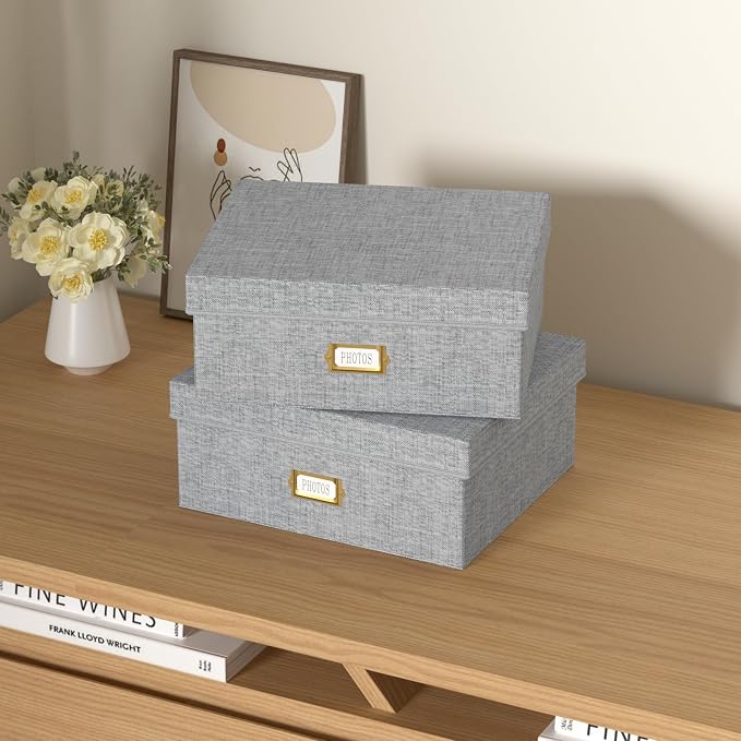 Decorative Photo Storage Box, 2 Pack Linen Photo Box Hold 1700 4x6 Pictures | Photo Storage Containers with 8 Dividers, Memory Keepsake Organizer for Photos, Scrapbook Supplies, Cards, Stamps, Grey