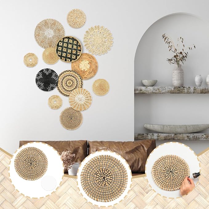 Glenmal 13 Pcs Boho Wall Basket Decor Set Woven Rattan Seagrass,Retro