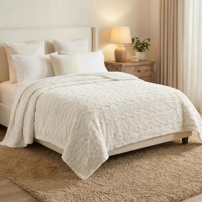Superior Fleece Boho Jacquard Blanket, Decorative Blankets for Bedroom, Sofa, Fuzzy, Plush, Fluffy, Soft, Cute Room Decor, Beautiful Cover, Comfort Essentials, Arctic Collection, Twin, Ivory