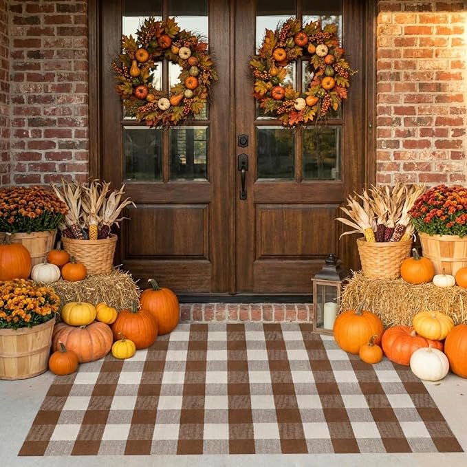 SEEKSEE Buffalo Plaid Rug 4' x 6' Coffee and White Large Front Door Mat, Layering Area Rug, Fall Rug for Outdoor Patio Entryway Indoor Living Room Kitchen Dining Room Decor