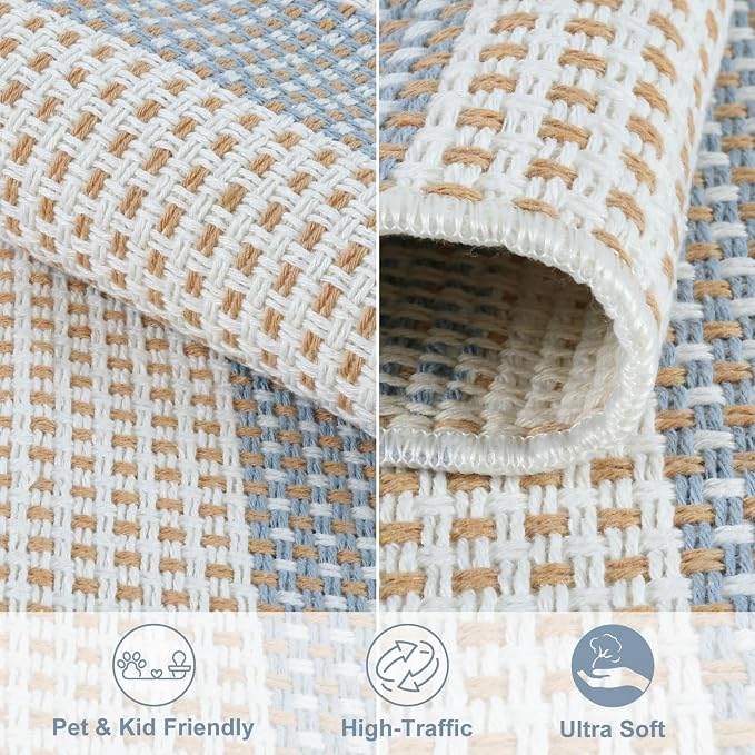 LEEVAN 5x7 Outdoor Striped Rugs for Patio Washable Coastal Blue Balcony Rug | Blue and White Backyard Rug, Spring Plaid Outside Entrance Floor Porch Mat, Indoor/Outdoor Layered Mat for Deck/Pool/Camping