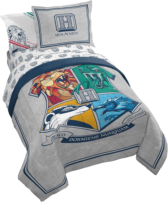Harry Potter Twin Comforter Set 5 Piece Kids Bedding, Gray | Hogwarts, Bed in a Bag, Comforter Sheets Sham Pillowcase, Official Brand, Soft Microfiber, Machine Washable, Kids Gift