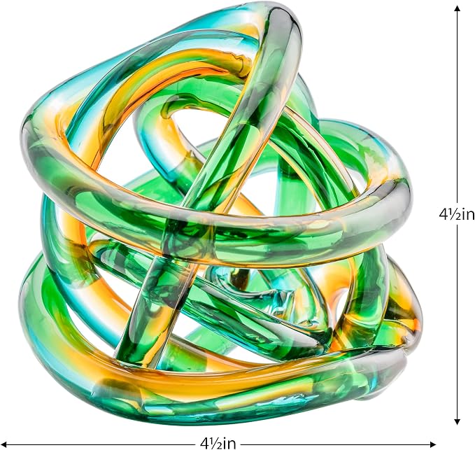 Torre & Tagus Orbit Hand Blown Glass Infinity Knot Sculpture - 4.5 Inch Glass Art Teal Amber Knot Decor Ball for Home Decor, Small Centerpiece Table Decoration for Home Interior (Ombre Ocean Sunset)