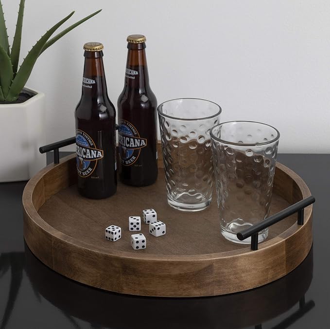 Kate and Laurel Lipton Modern Round Wood Tray, 15.5" Diameter, Rustic Brown with Black Handles, Decorative Accent Tray for Storage and Display
