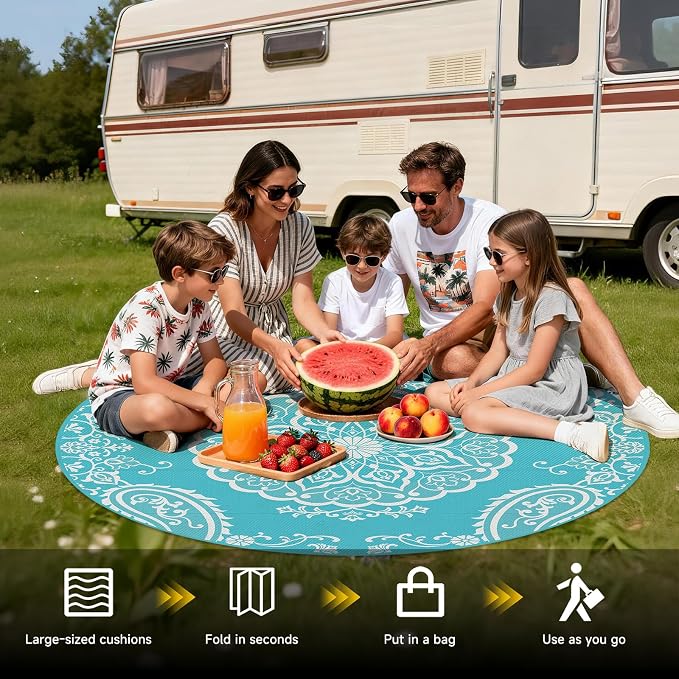 Pauwer Outdoor Rug 6ft, Waterproof Plastic Straw Camping Rug, Boho Teal | Reversible Patio Rug, UV Resistant Indoor Outdoor RV Mat Carpet For Deck, Camper, Porch, Balcony, Backyard, Picnic, Foldable