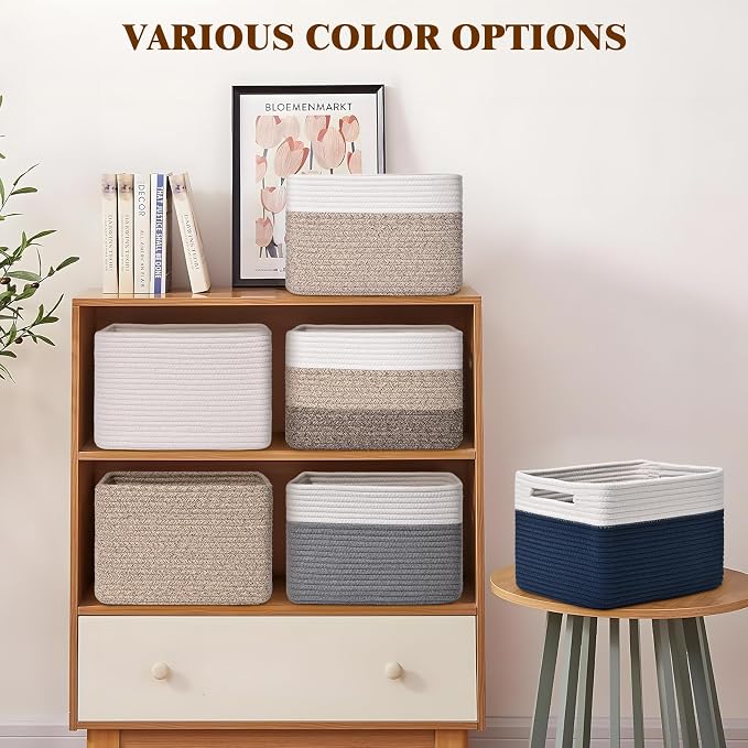 Storage Baskets for Organizing, 4 Pack Baskets for Shelves, Decorative Storage Bins for Shelves, Cotton Rope Storage Basket with Handles, Woven Basket for Storage, 13''Lx8.7''Wx7.9''H, White & Brown