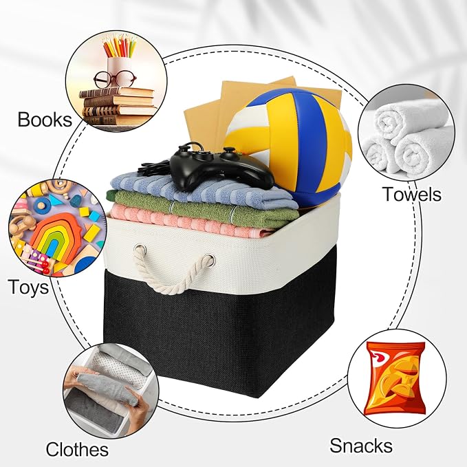 meekoo 8 Pack Collapsible Storage Bins Fabric Storage Bins Polyester Fabric Baskets with Handles Linen Closet Organizer for Shelf Home Closet Towels Toys(15 x 11 x 9.5 in,Black White)