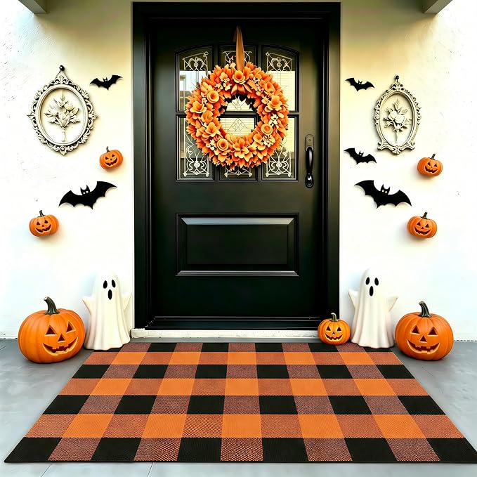 Halloween Orange and Black Buffalo Plaid Rug, 2'4'' x 3'7'' Indoor Outdoor Durable Rug, Spooky Accent Mat for Halloween Indoor Outdoor Decor, Living Room, Porch, Patio, Entryway