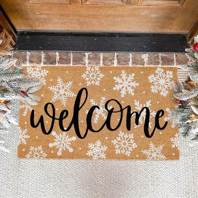 JarThenaAMCS Winter Natural Coir Doormat WhiteSnowflake Welcome Floor Mat Christmas Non-Slip Entrance Door Rug for Xmas Indoor Outdoor Home Bathroom Decor, 16.5 x 29 Inch