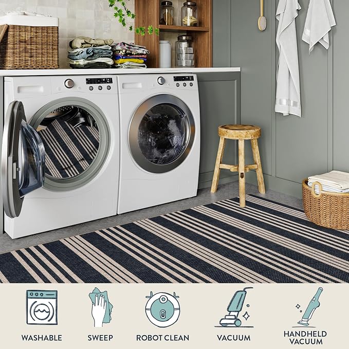 Lahome Striped Easy Jute 3x5 Outdoor Patio Rug, Washable Porch Entry Rugs | Indoor Black Area Rugs for Living Room, Modern Farmhouse Neutral Door Mat, Non Slip Carpet for Backyard Bedroom Kitchen