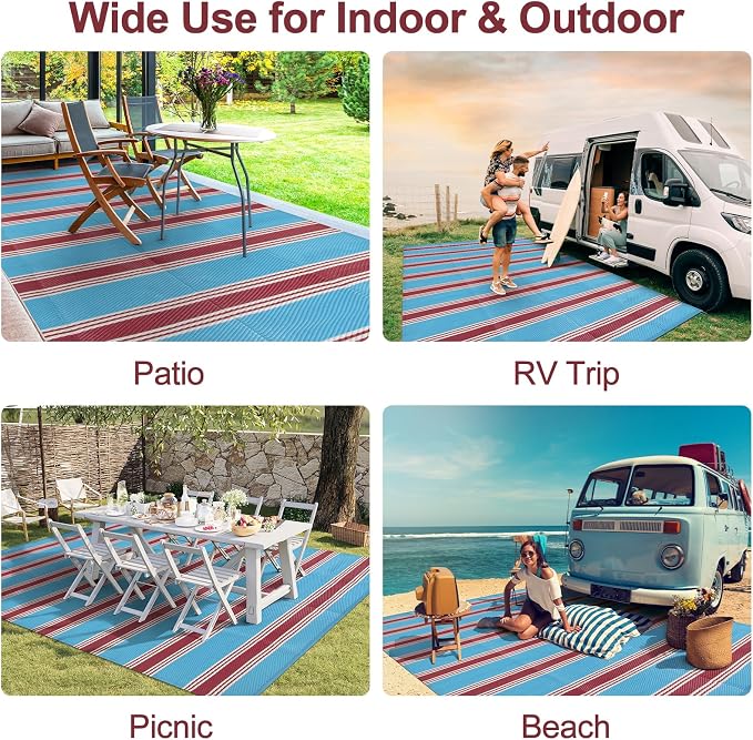 Lahome Striped Outdoor Carpet Plastic Straw Rug, Reversible Patriotic Outdoor Rug Waterproof 9x12 Rugs for Patio, RV Camping Picnic Mat for Beach Deck Backyard Balcony(Blue/Red,9'x 12')