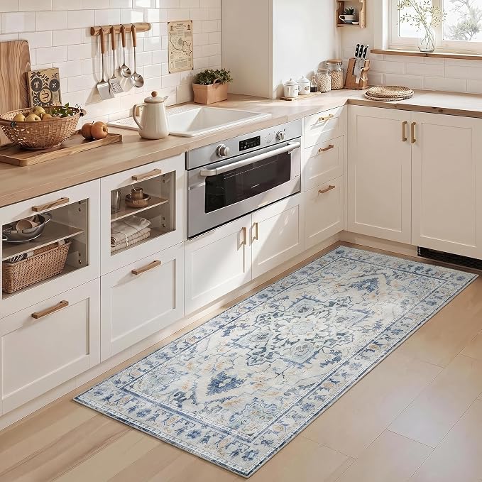 Joydeco Washable 2x5 Hallway Runner Rug Vintage, Blue Grey | Water Resistant Low Pile Non Slip Backing for Kitchen Entryway Bathroom Dining Room