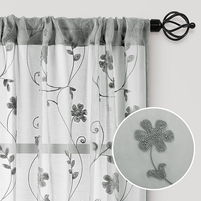 HOMEIDEAS Grey Sheer Curtains 96 Inches Long 2 Panels Embroidered Floral - Image 4
