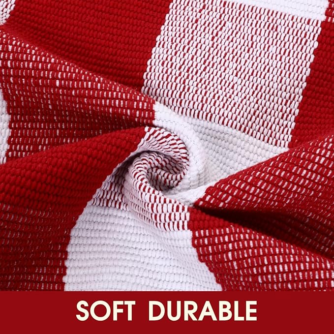 Christmas Red and White Plaid Rug, 28 x 43 Inches Cotton Hand-Woven Layered Door Mat for Front Porch, Entryway, Outdoor Holiday Decor, Washable Buffalo Check Rug for Home, Patio, Kitchen