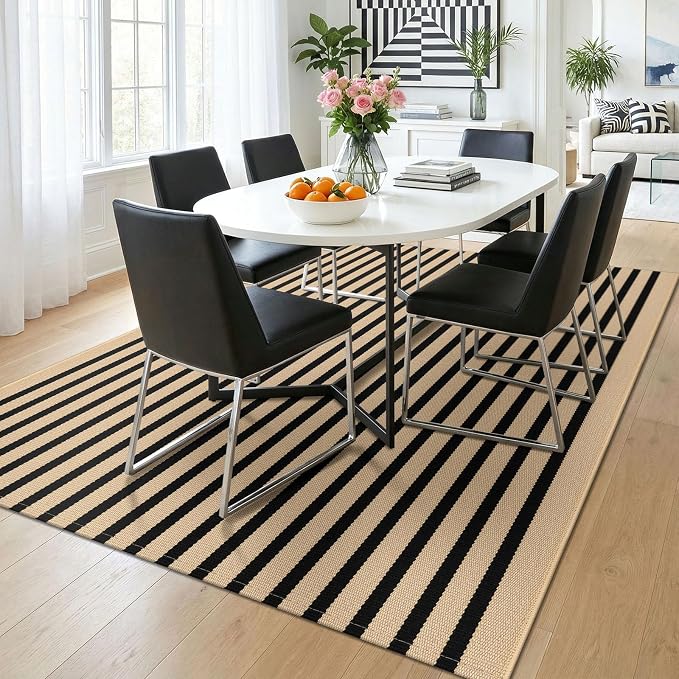 KOZYFLY Brown and Black Rug 5x7 ft Area Rug Woven Washable Striped Rugs Cotton Farmhouse Indoor Outdoor Rugs for Living Room Bedroom Dining Room Porch Patio Carpet