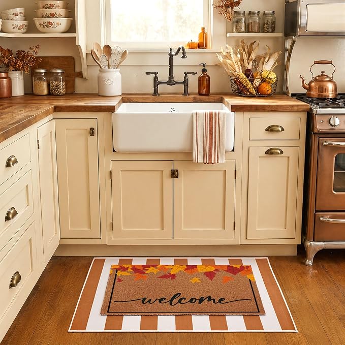 2 Pcs Fall Maple Leaves Welcome Doormats Autumn Outdoor Rug Striped Layering Porch Mats Non Slip Thanksgiving Entryway Shoe Scraper Washable Front Door Carpet Farmhouse Decorations 24x32 Inch
