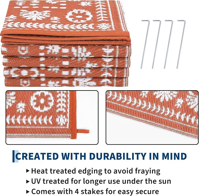 Garvee Reversible Outdoor Rug 9x18 for Patio, Waterproof Outdoor Area Rug, Modern Medallion Indoor Outdoor Rugs, Plastic Straw Rug for RV, Camping, Deck, Vintage Terracotta
