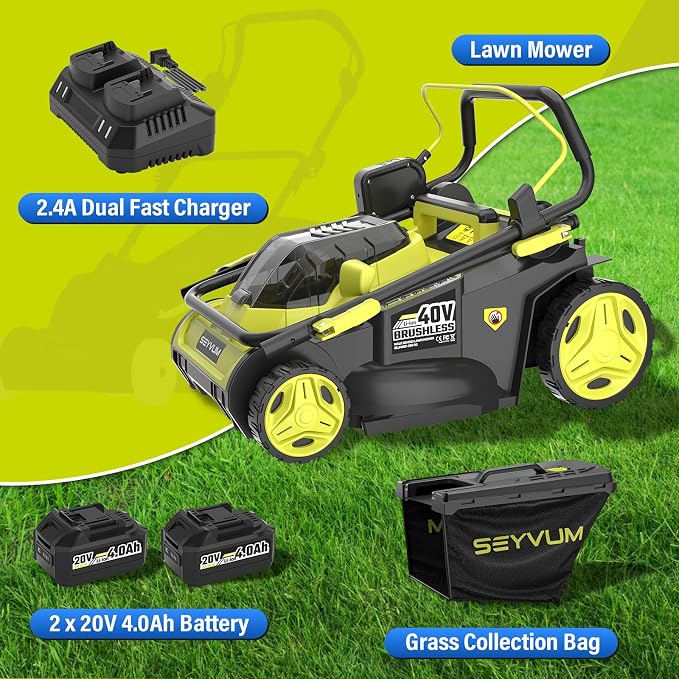 SEYVUM 40V 16" Cordless Lawn Mower with 2×4.0Ah Battery, 45L Collection Bag | 6-Position Height Adjustment, 2.4A Fast Charger Included
