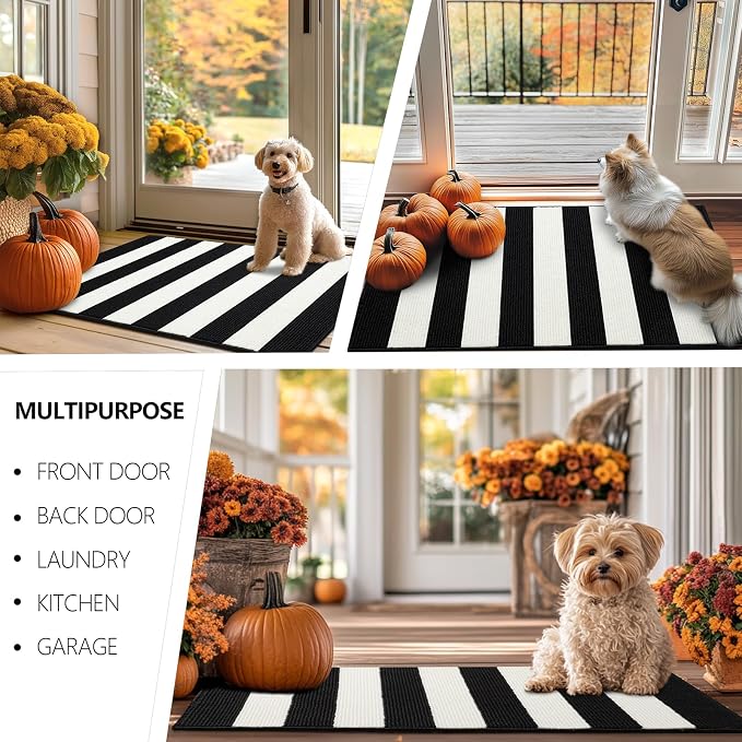 FONEYI Black and White Striped Rug, 20"x32" Front Door Mat Indoor Outdoor Rugs Washable, Non Slip Absorbent Striped Layered Doormats, Fall Door Mats for Front Porch/Kitchen/Farmhouse/Entryway/Patio