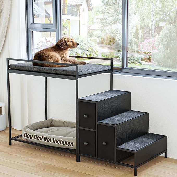 LEMBERI Pet Bunk Bed with Stairs and Storage, Dogs/Cats Window Perch, Bedside Lounge Elevated Dog Bed Multi-Level Platform with Foam Upholstery (Black)