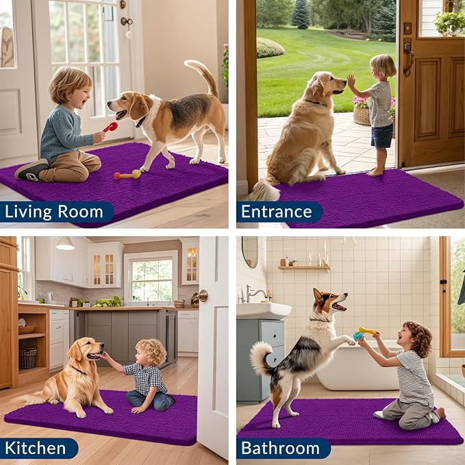 Smiry Dog Door Mat for Muddy Paws 30x20, Absorbent Dirt Trapper, Non-Slip Washable Chenille Entryway Rug for Inside Floor, Purple, Classic Solid