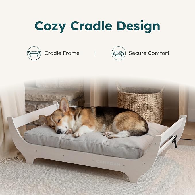CANAGAN Elevated Wooden Dog Bed with Cushion, White Maple, Medium | Raised Dog Couch Bed with a Washable Cover and Plush PP-Filled Cushion, Designed for Medium Dogs and Stylish Indoor Living