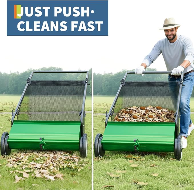 Garvee Push Lawn Sweeper,21-Inch Width Enhanced 4-Brush System with Large 3.5 cu. ft. Hopper Bag, Ideal for Yard and Garden Cleanup, Green | Brush Height Adjustment, All-Terrain Suitable, 3.5 cu.ft Hopper Bag, Durable Steel Frame, Easy Setup, Compact &...