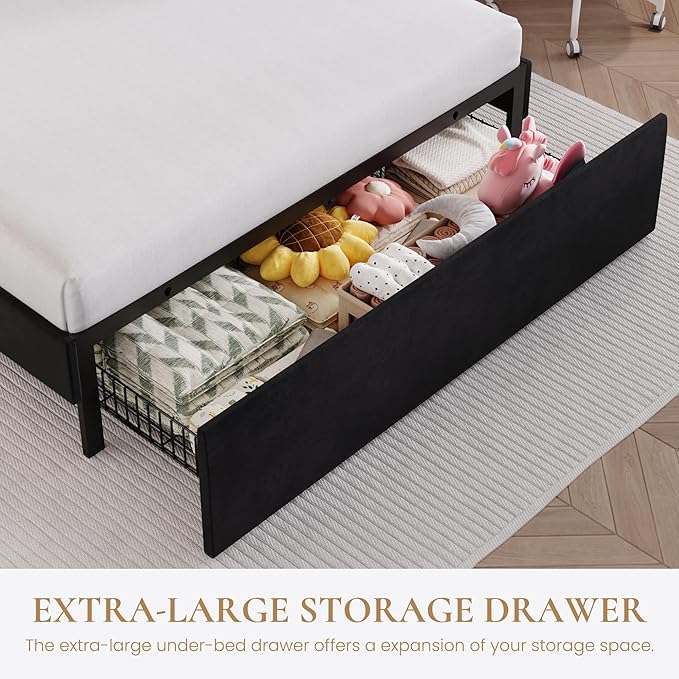 SHA CERLIN Queen Size Bed Frame with LED Lights and Storage Drawer, Black | Upholstered Velvet Platform Bed with Adjuatable Wavy Headboard, Noise-Free, Easy Assembly,No Box Spring Needed