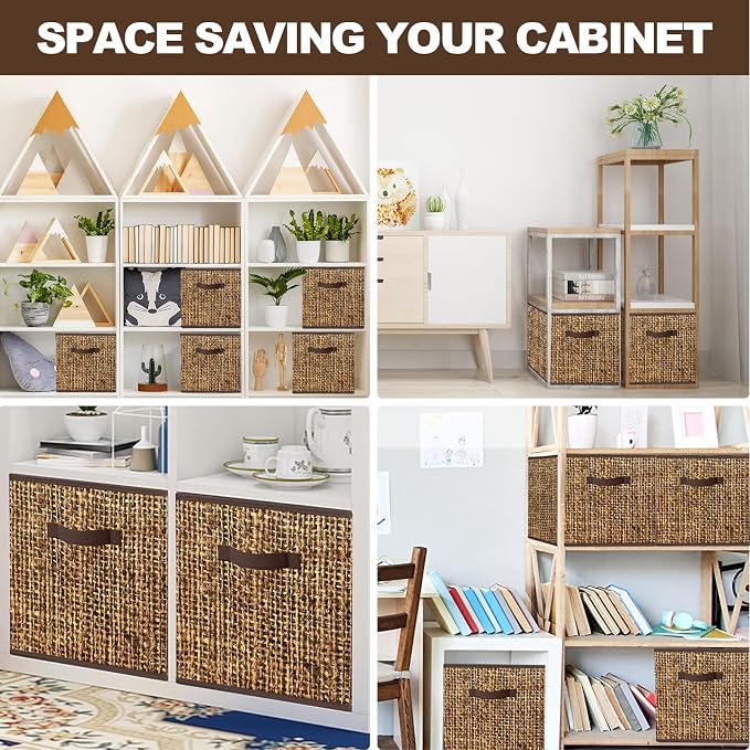 homyfort 11x11 Cube Storage Bins - Fabric Cubby Bins with Dual Handles, Collapsible Storage Organizer for Shelf, Closet, Nursery, Set of 6 (PRINTING instead of Real Rattan Weaving)