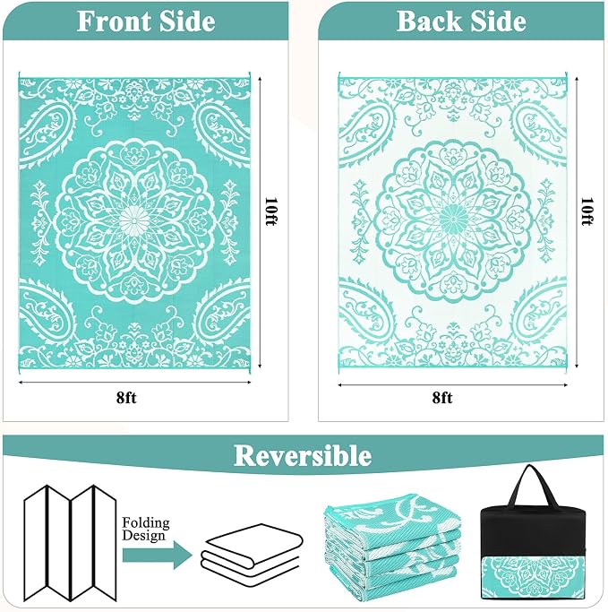 Pauwer Outdoor Rug 8x10, Waterproof Plastic Camping Rug, Boho Light Blue | Reversible Patio Rug, UV Resistant Indoor Outdoor RV Mat Carpet For Deck, Camper, Porch, Balcony, Backyard, Picnic, Foldable